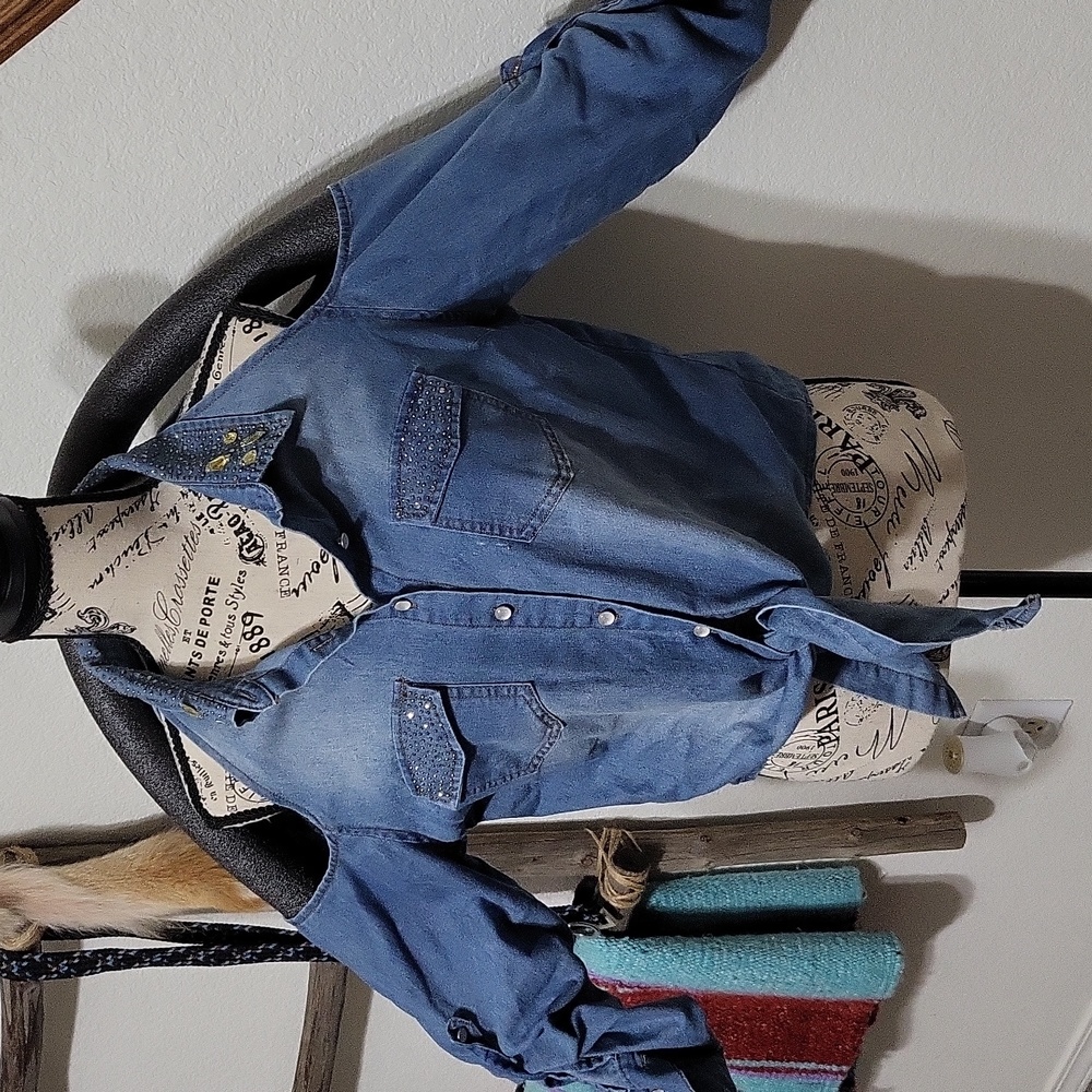 Soft shoulder less denim/jean shirt w/crystals